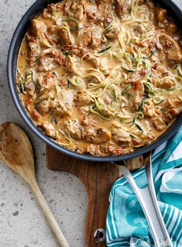 Creamy Sundried Tomato + Parmesan Chicken Zoodles